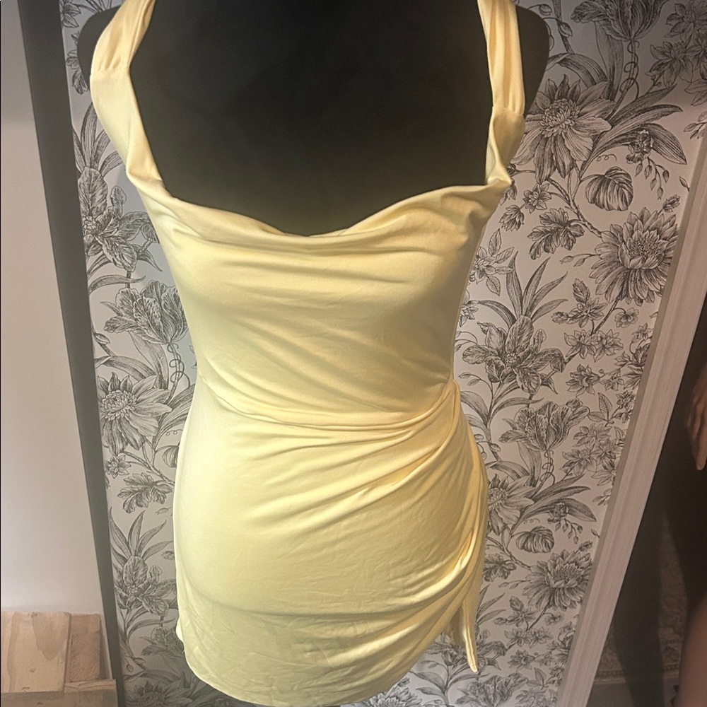 Sleek Yellow Cowl Neck Mini Dress